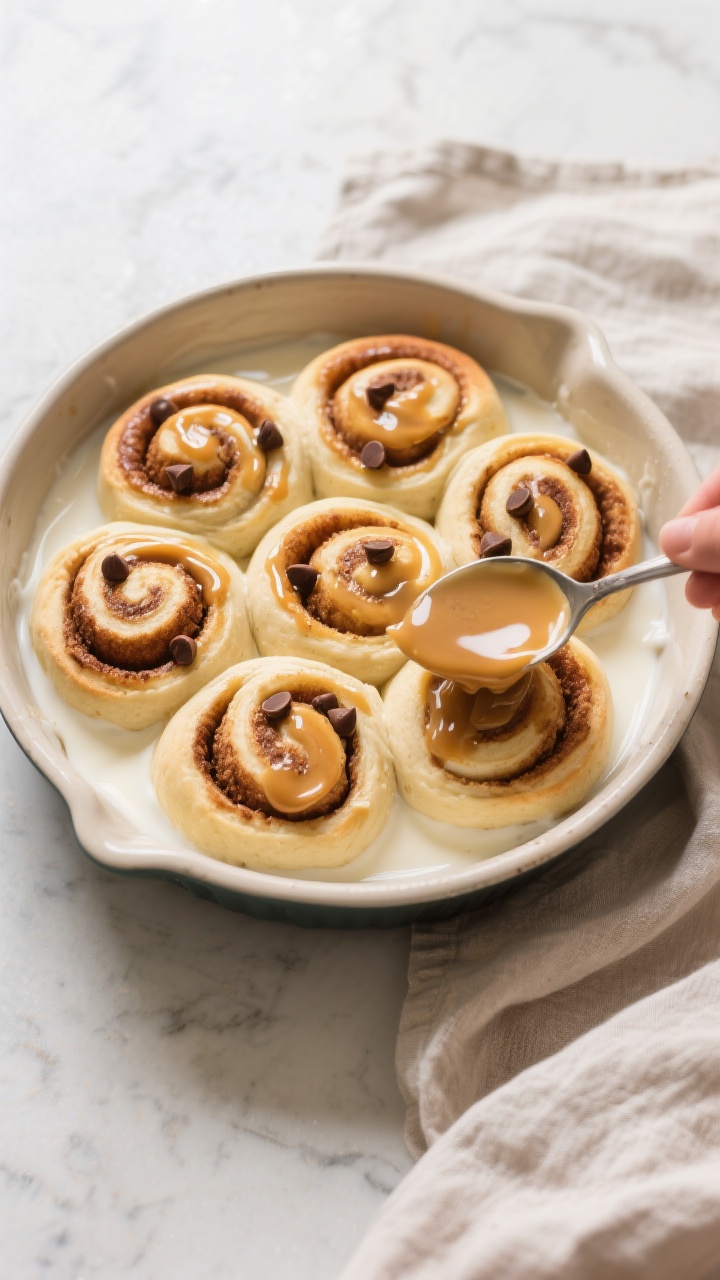 Cooking process: Overhead shot of cinnamon rolls nestled in a small 9-inch round baking dish with he
