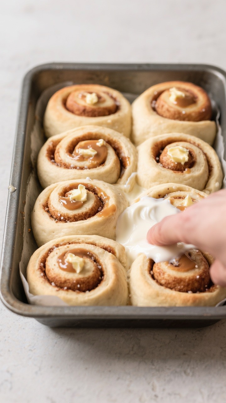 Cooking process: Overhead shot of proofed cinnamon rolls in the baking dish right before the oven, p