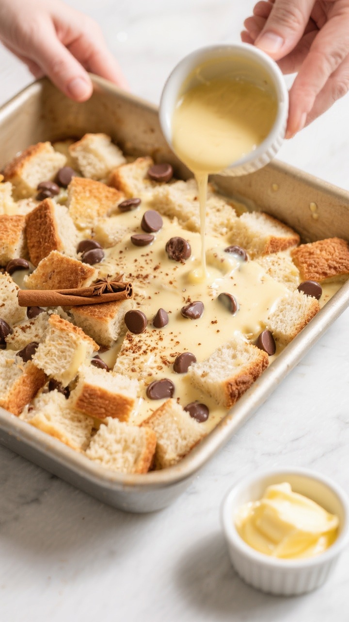 Cooking process: Overhead shot of soaked bread cubes being poured and smoothed into a buttered bakin