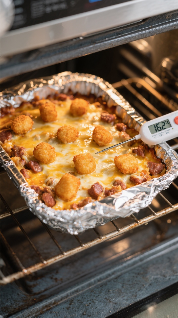 Cooking process: Overhead shot of the casserole just out of the oven on the middle rack, top perfect