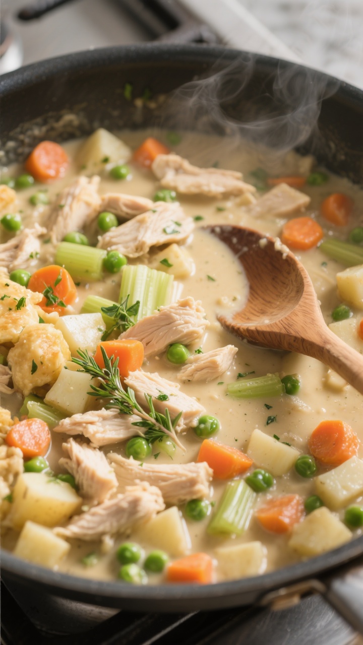 Cooking process: Overhead shot of the creamy pot pie filling simmering in a skillet—tender diced c