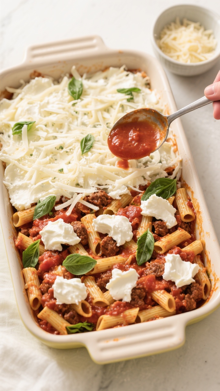 Cooking process: Overhead shot of the layering stage in a buttered baking dish—half the ziti alrea