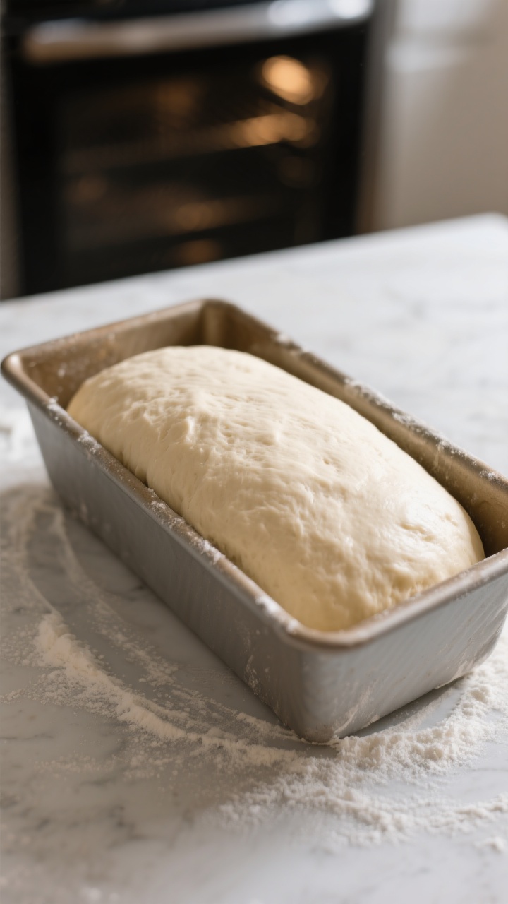 Cooking process: Overhead shot of the shaped dough after the second rise, crowned about 1 inch above