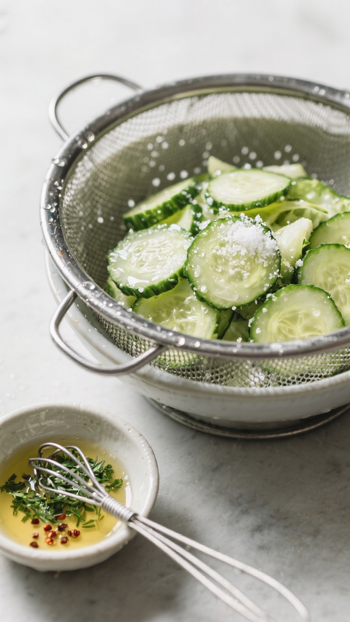 Cooking process: Salted cucumber slices draining in a mesh colander over a bowl, post-rest and patte
