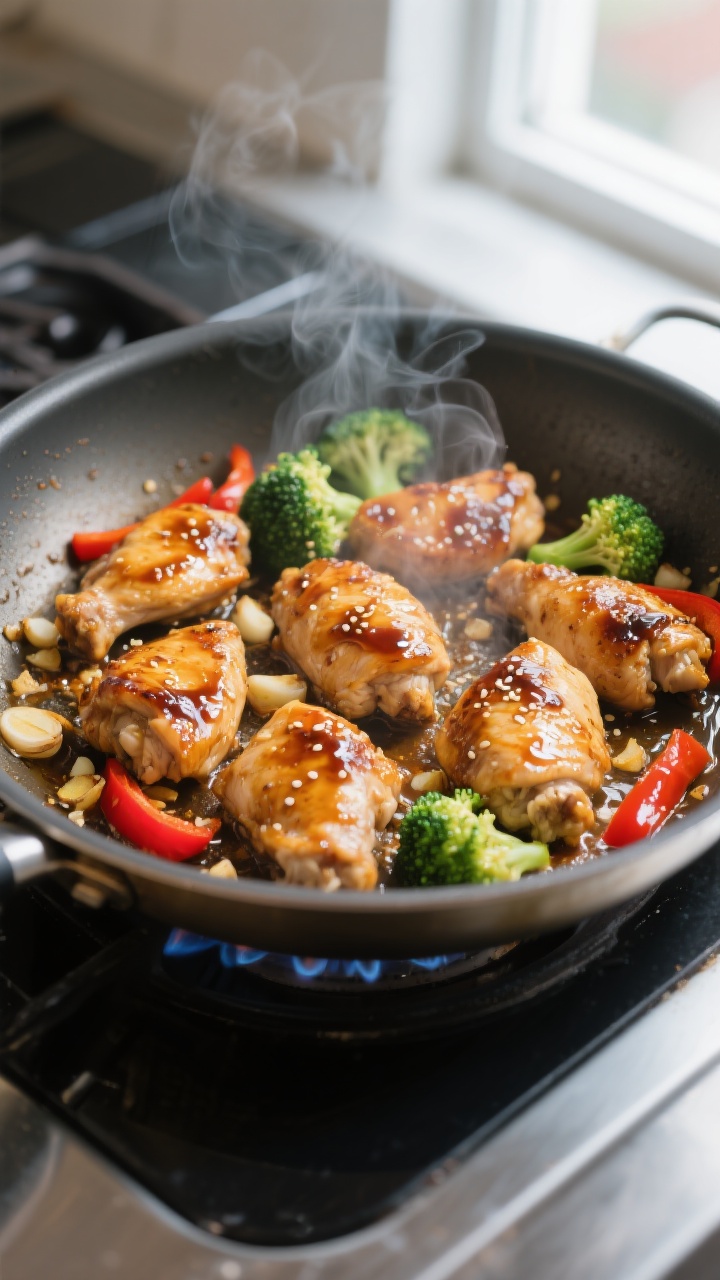 Cooking process — Searing chicken: Close-up of bite-size marinated chicken thigh pieces sizzling i