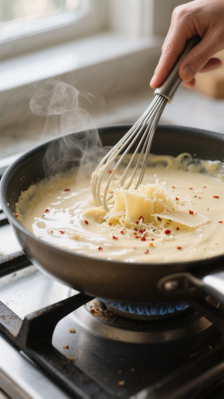 Cooking process shot: Alfredo sauce in a large skillet right after heat is cut, creamy and glossy wi