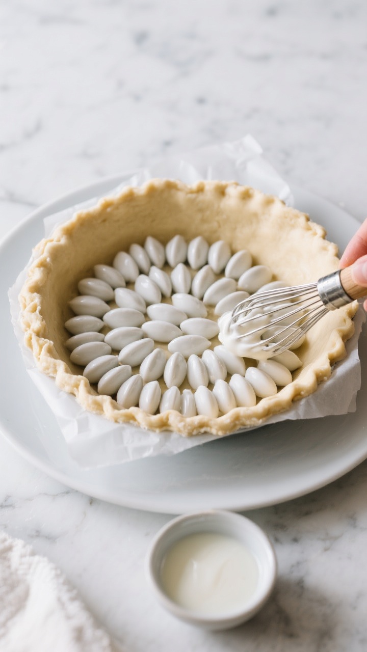 Cooking process shot: chilled, fitted pie shell in a standard 9-inch plate lined with parchment and 