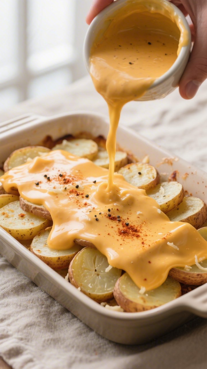 Cooking process shot: layered potato rounds in a buttered baking dish with glossy, velvety cheese sa