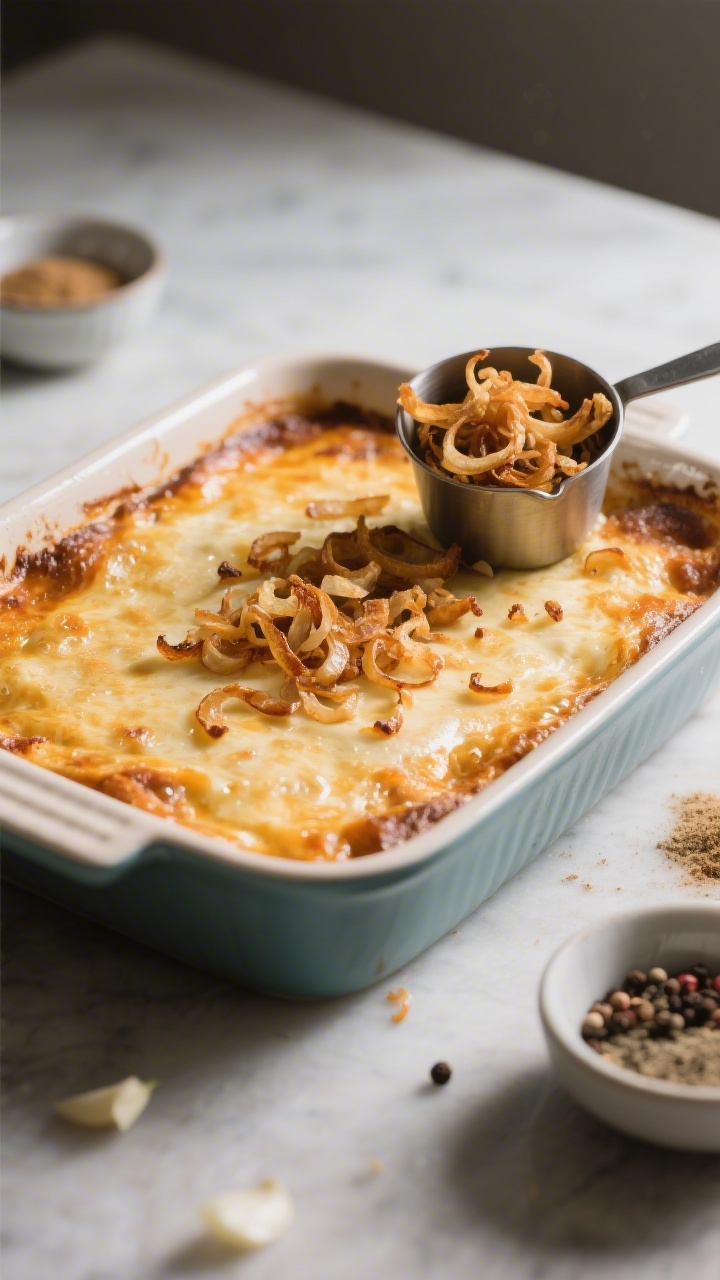 Cooking process shot: Overhead view of the casserole right after the first bake, before the final to