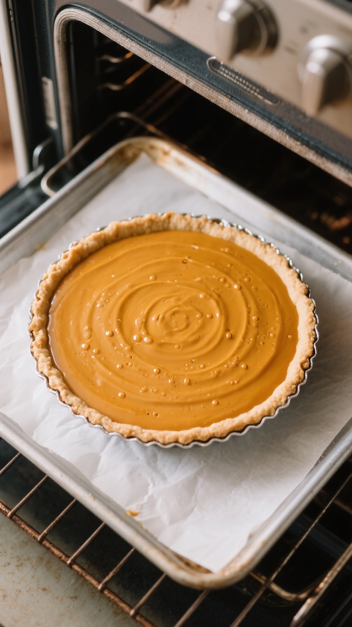 Cooking process shot: Overhead view of the freshly poured pumpkin custard in a greased 9-inch pie di