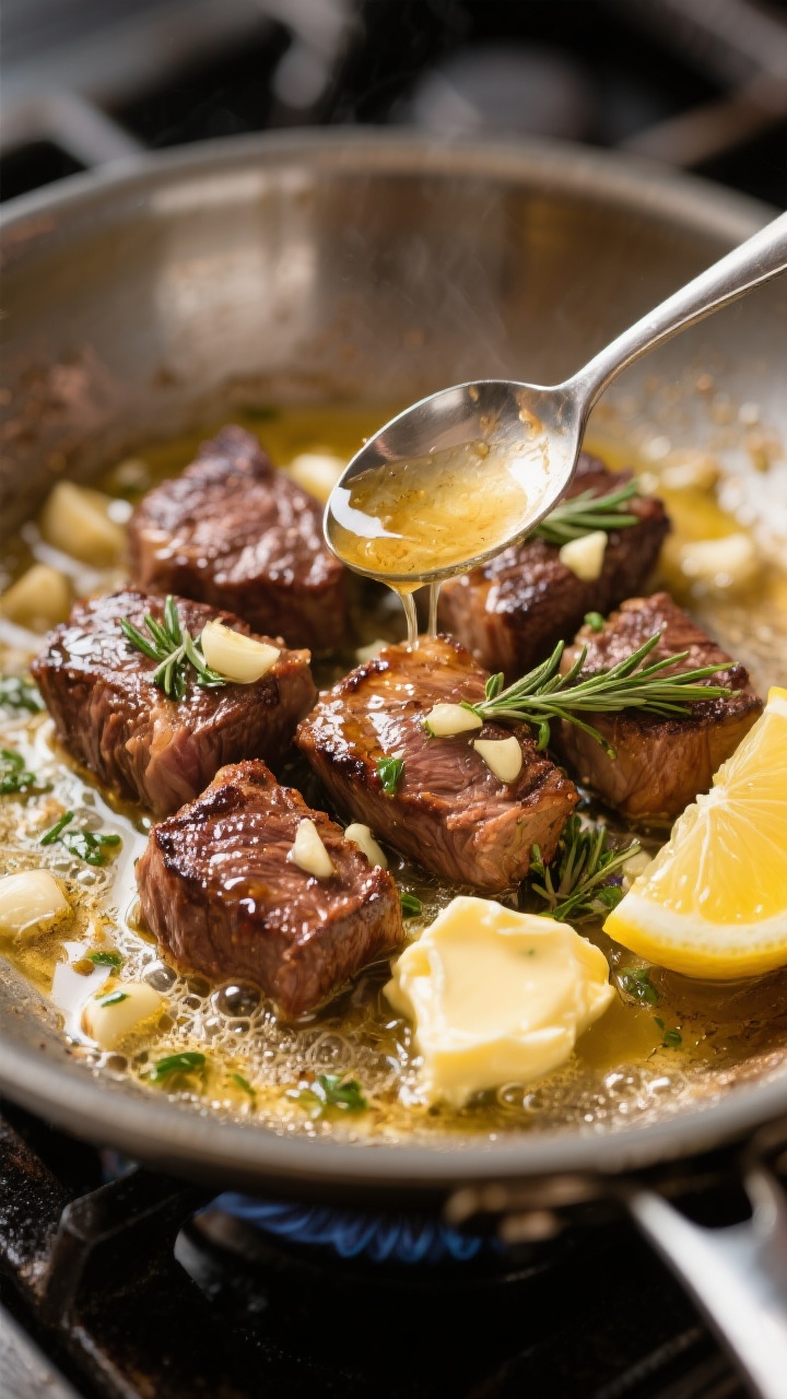 Cooking process: Steak tips just returned to the pan for glazing—garlic-herb butter bubbling aroun