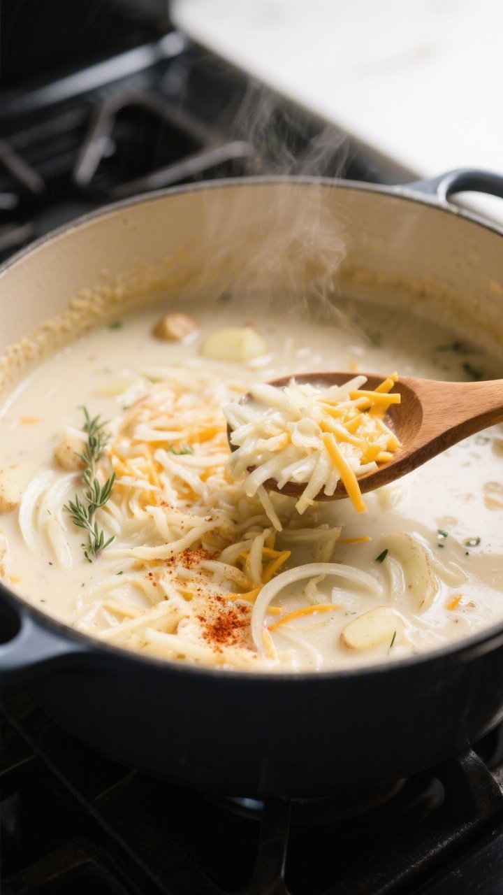 Cooking process, stovetop close-up: A large Dutch oven of ultra-creamy potato soup mid-simmer, shred