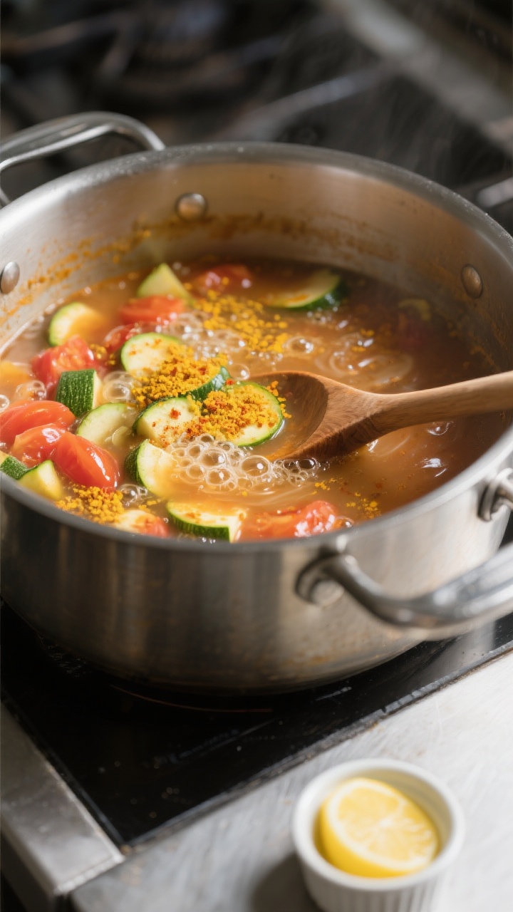 Cooking process: The soup at a gentle simmer in a wide stainless stockpot, captured mid-cook right a