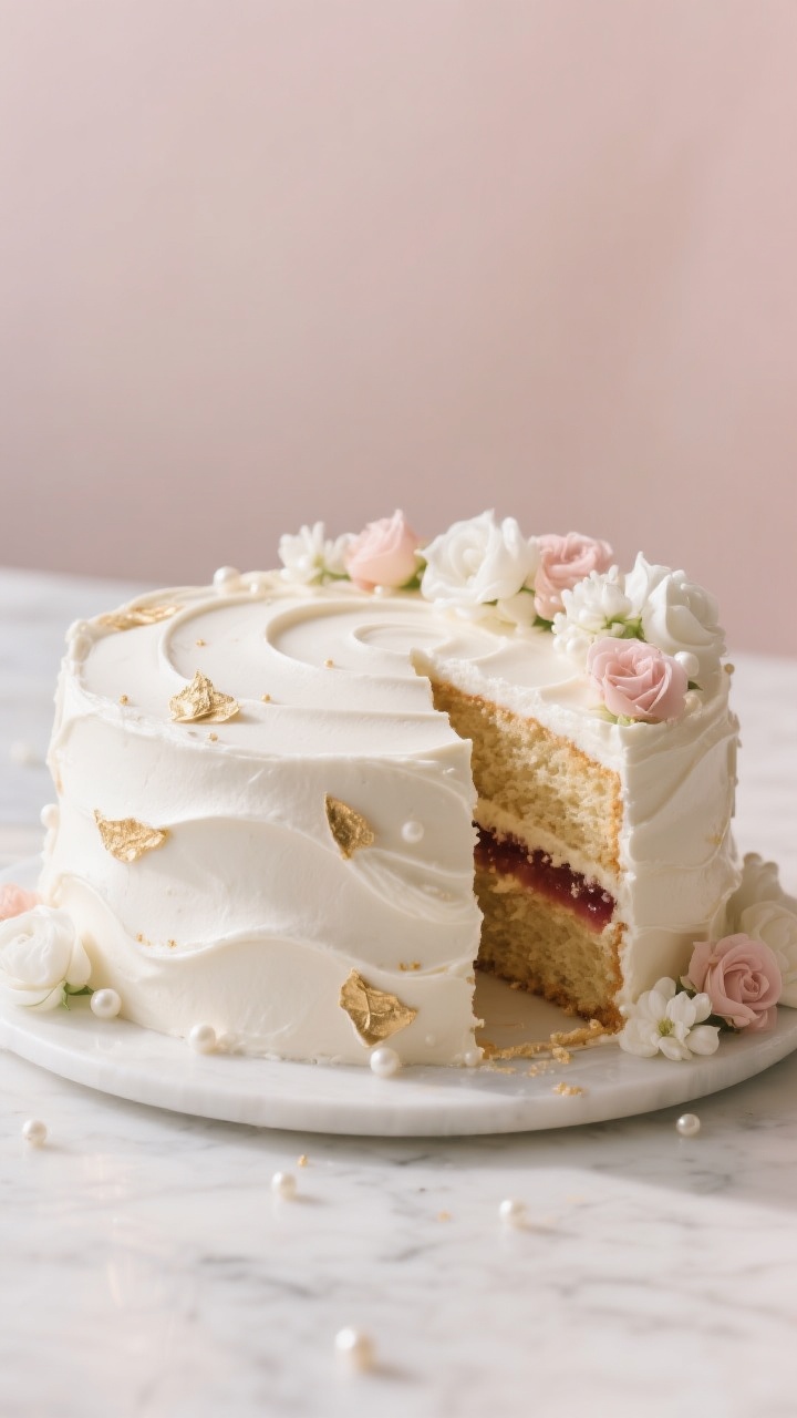 Elegant final presentation: three-quarter angle hero shot of the finished bridal shower cake, smooth