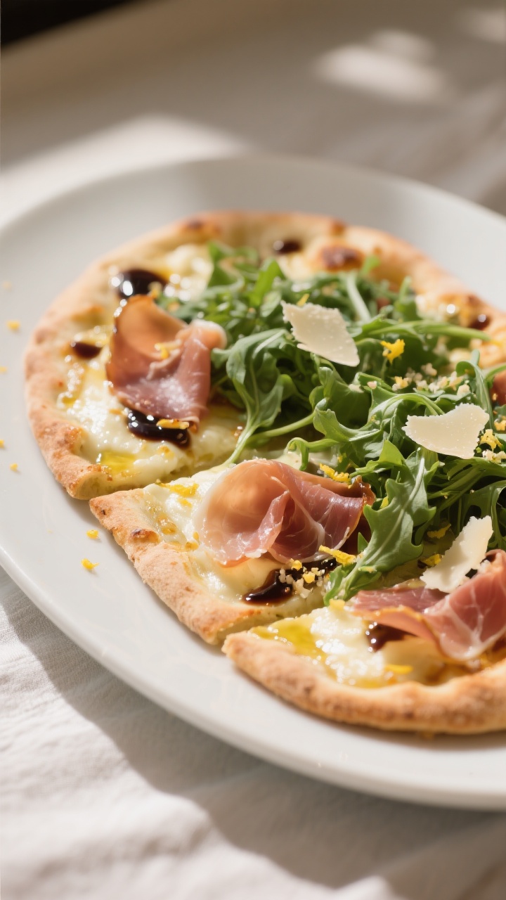 Final dish beauty – Prosciutto & Arugula flatbread pizza, restaurant-style plating: close-up three