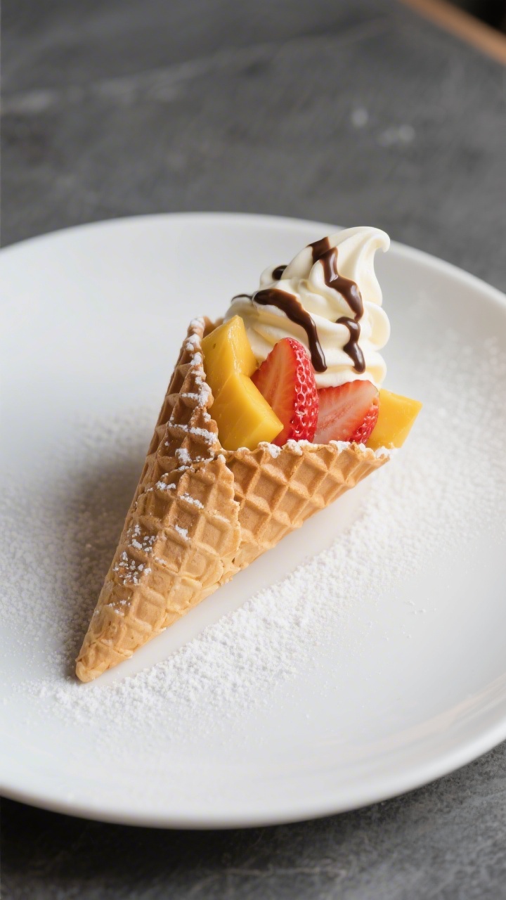 Final dish presentation: Beautifully plated bubble waffle formed into a cone, filled with vanilla so
