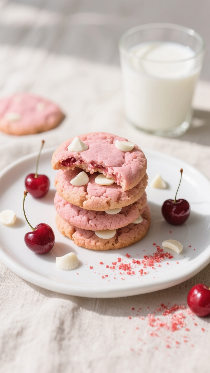 Final dish presentation: Beautifully plated cherry cookies stacked on a white ceramic plate with a f