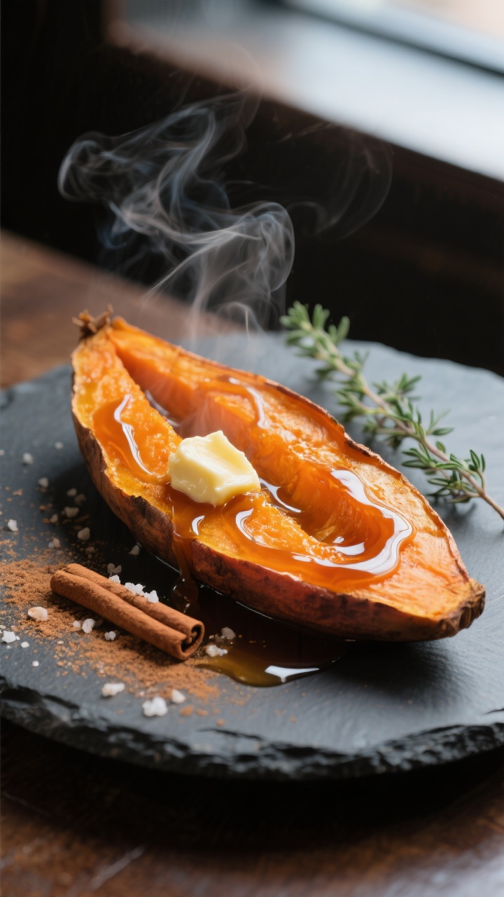Final dish presentation: Beautifully plated maple-cinnamon sweet potato—hot, split lengthwise with