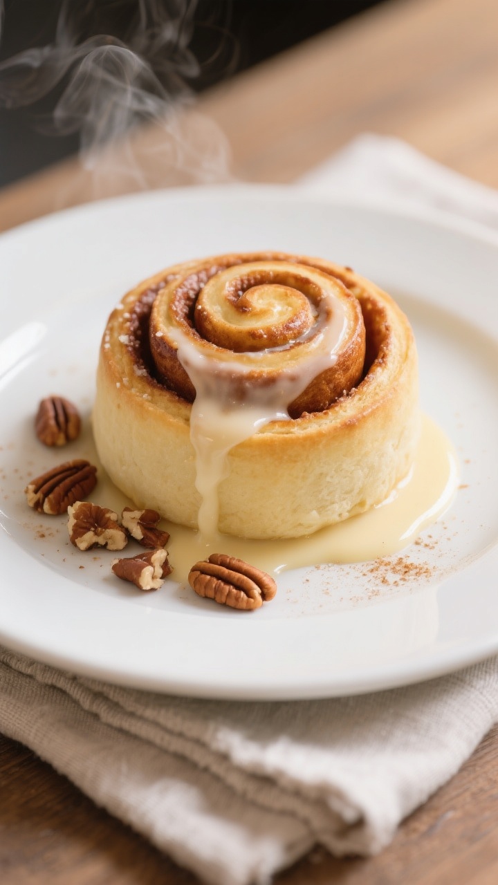 Final dish presentation: Beautifully plated single cinnamon roll on a matte white dessert plate, thi