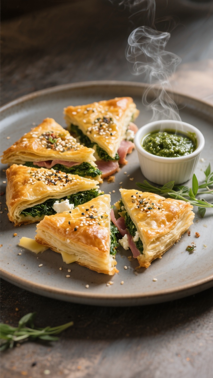 Final dish presentation: Beautifully plated spinach-feta triangles and ham-and-cheese squares arrang