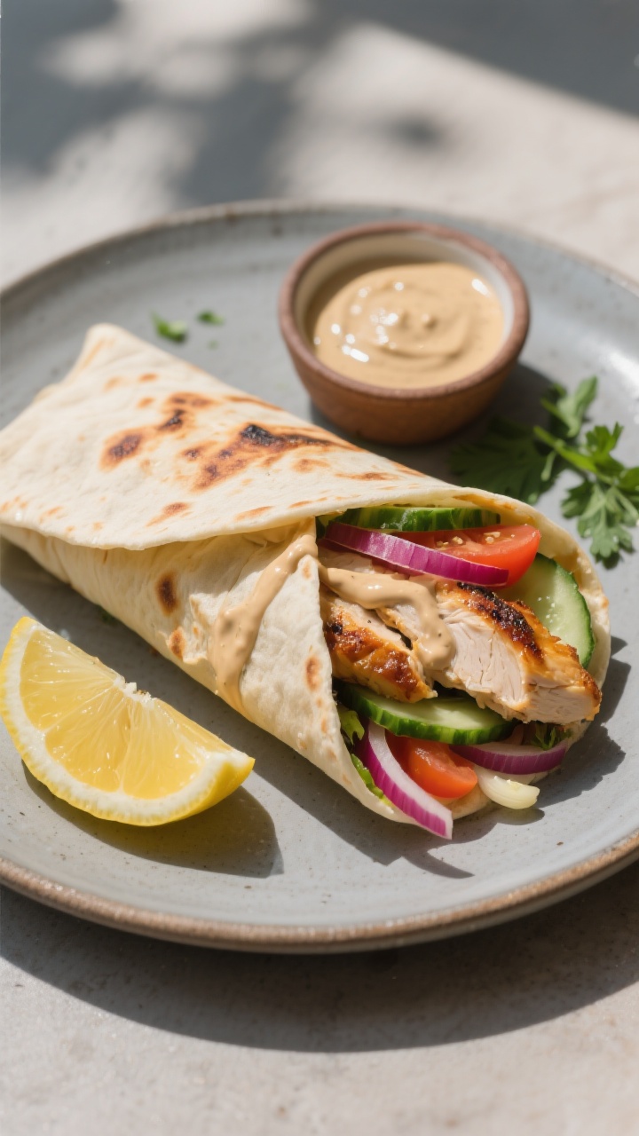 Final dish presentation: Beautifully wrapped chicken shawarma pita cut on a bias to reveal juicy lay