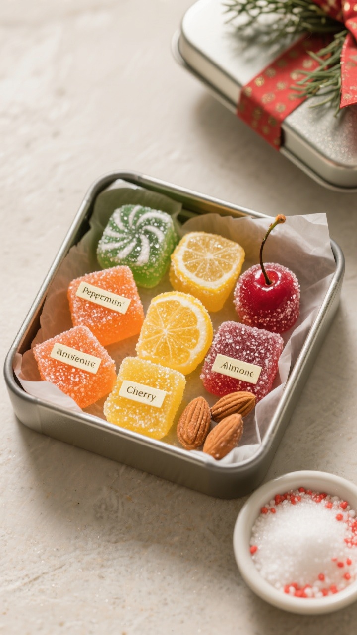 Final dish presentation: overhead shot of a gift-ready assortment of gumdrops coated in sanding suga