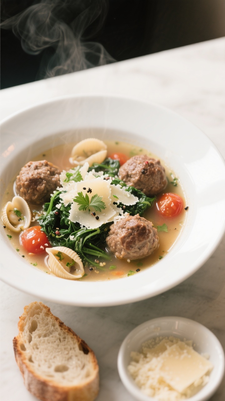 Final dish presentation: Restaurant-quality bowl of meatball soup served hot—plump meatballs, al d