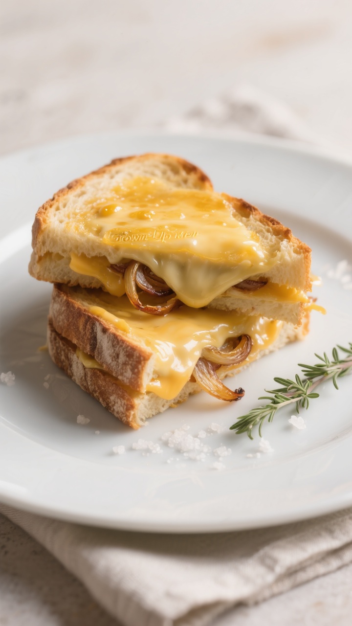 Final dish presentation: Restaurant-quality “Grown-Up Melt” plated on a matte white plate—sour