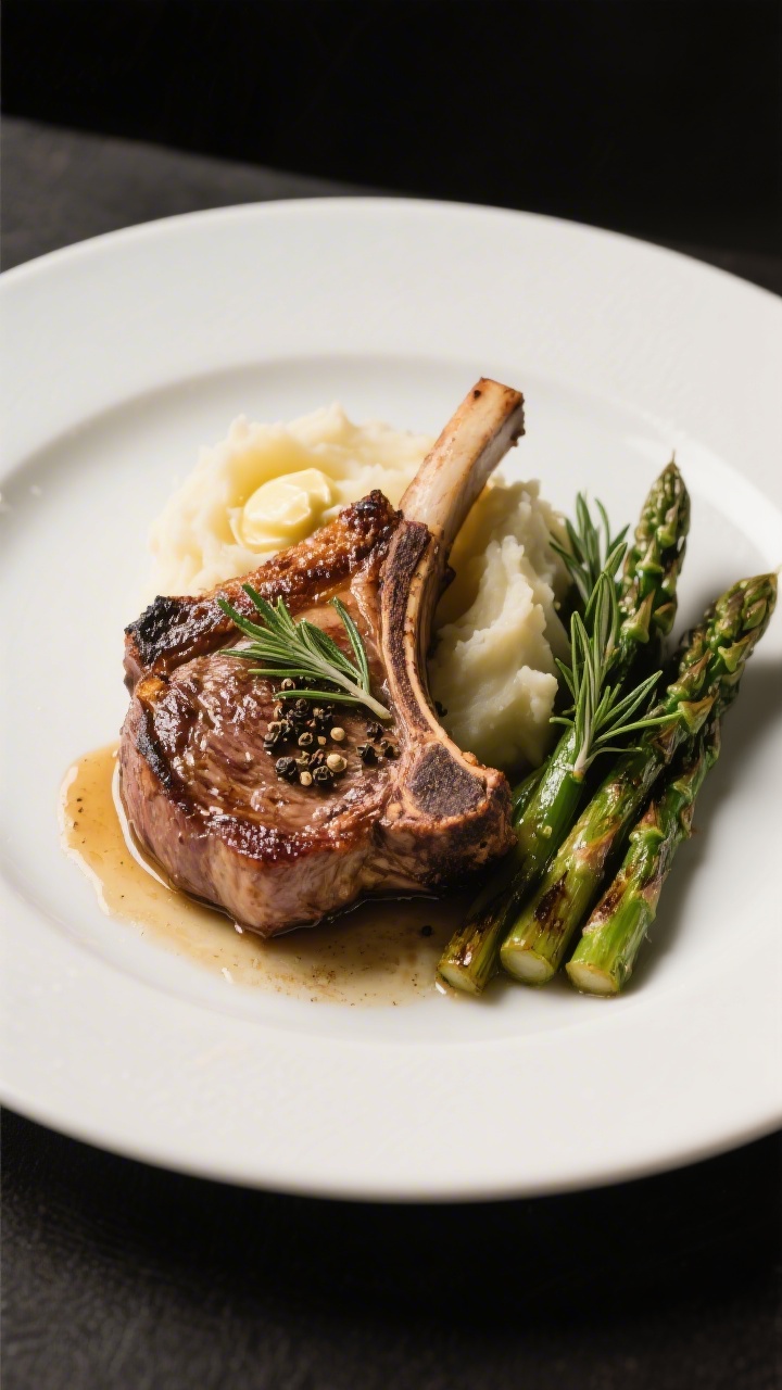 Final dish presentation: Restaurant-quality plate-up of a single cowboy pork chop (bone facing out) 