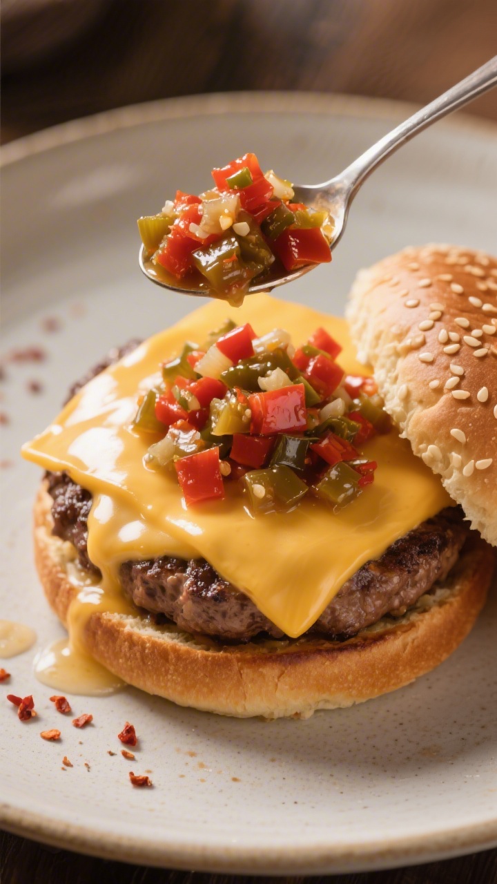 Final dish presentation: Restaurant-quality plate of a smash burger topped with melted American chee