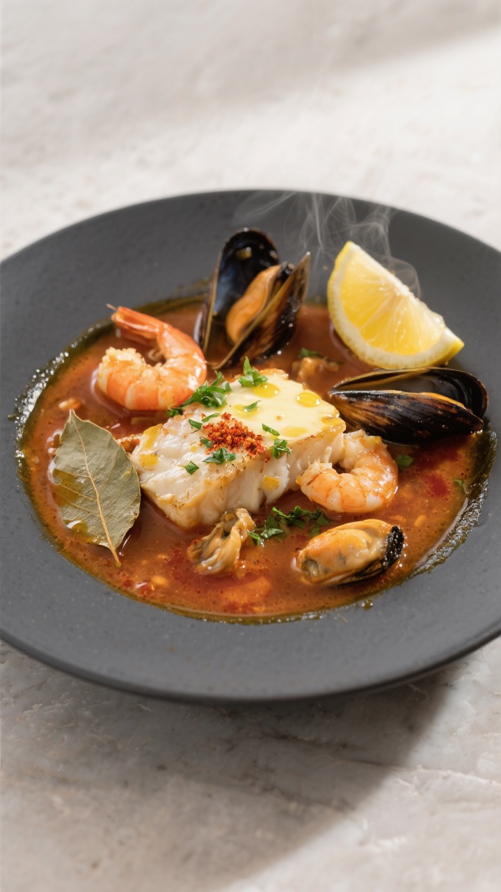 Final dish presentation: Restaurant-quality plating of the hearty seafood stew served tableside—de