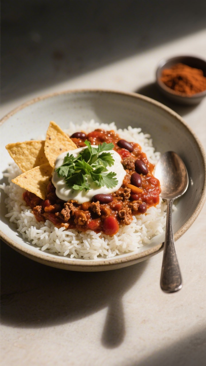 Final dish presentation: Restaurant-quality plating of chili poured over fluffy steamed rice in a sh