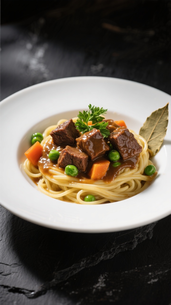 Final dish presentation: Restaurant-quality plating of beef stew ladled over buttered egg noodles in