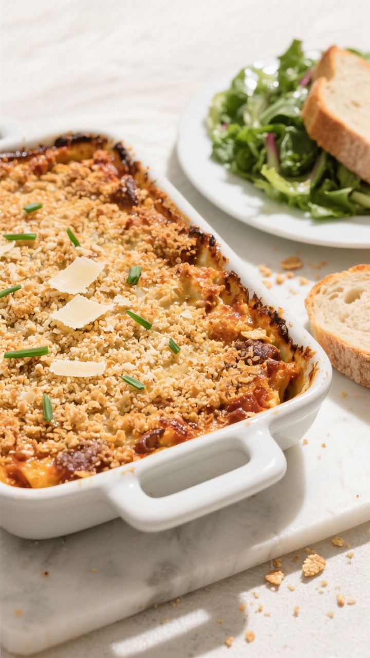 Final dish presentation: Tasty of the baked casserole in a 9x13 dish, edges bubbling and an evenly b