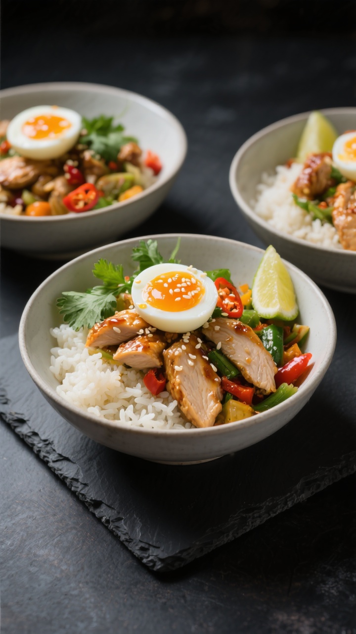 Final dish — Restaurant-quality presentation: Three neatly composed Chicken Rice Bowls on a dark s