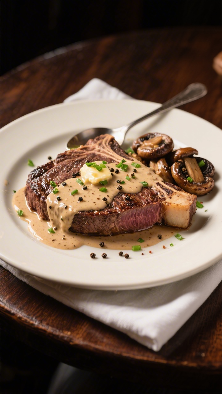 Final dish, steakhouse plating: A beautifully plated medium-rare ribeye on a warm white ceramic plat
