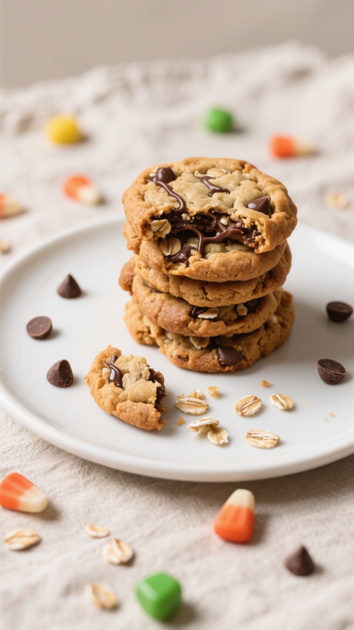 Final dish, top view: Overhead shot of a stack of thick, chewy monster cookies on a matte white plat