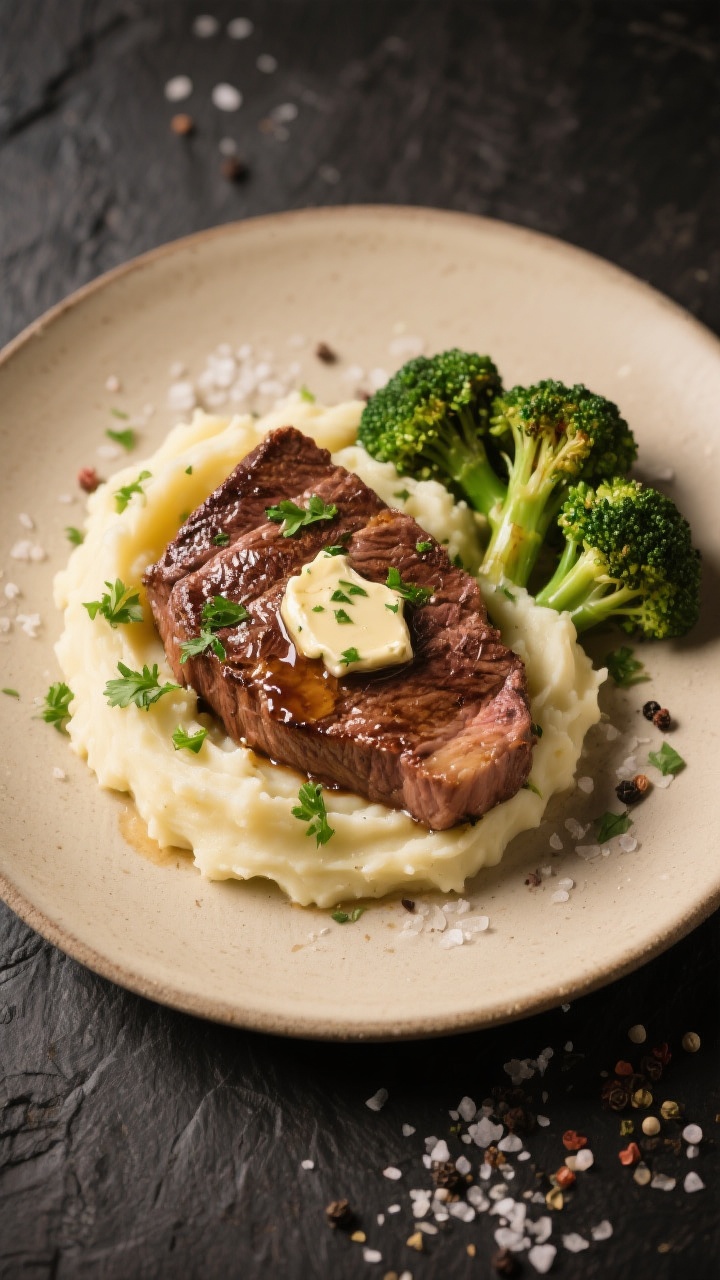 Final dish top view: Overhead shot of juicy sirloin steak tips plated over creamy mashed potatoes, g