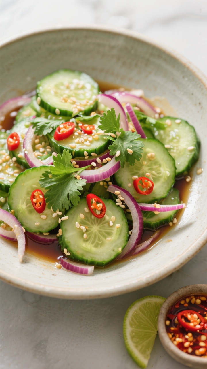 Final dish top view: Sesame-spicy cucumber salad variation fully prepared — cucumber half-moons an