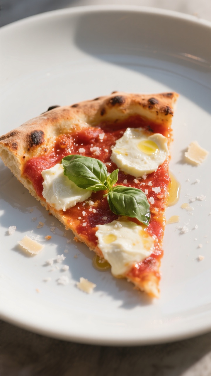 Final plated beauty, margherita finish: Close-up detail of a classic margherita slice just after res