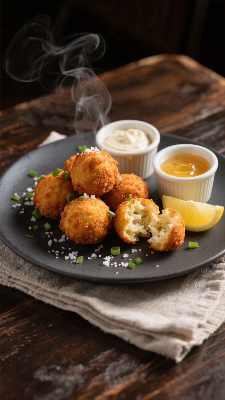 Final plated beauty shot: A small heap of crispy, deep golden Southern hush puppies on a matte charc