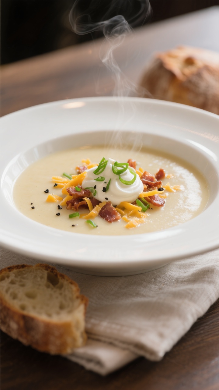 Final plated beauty shot: Silky potato soup blended ultra-smooth, ladled into a wide white bowl with