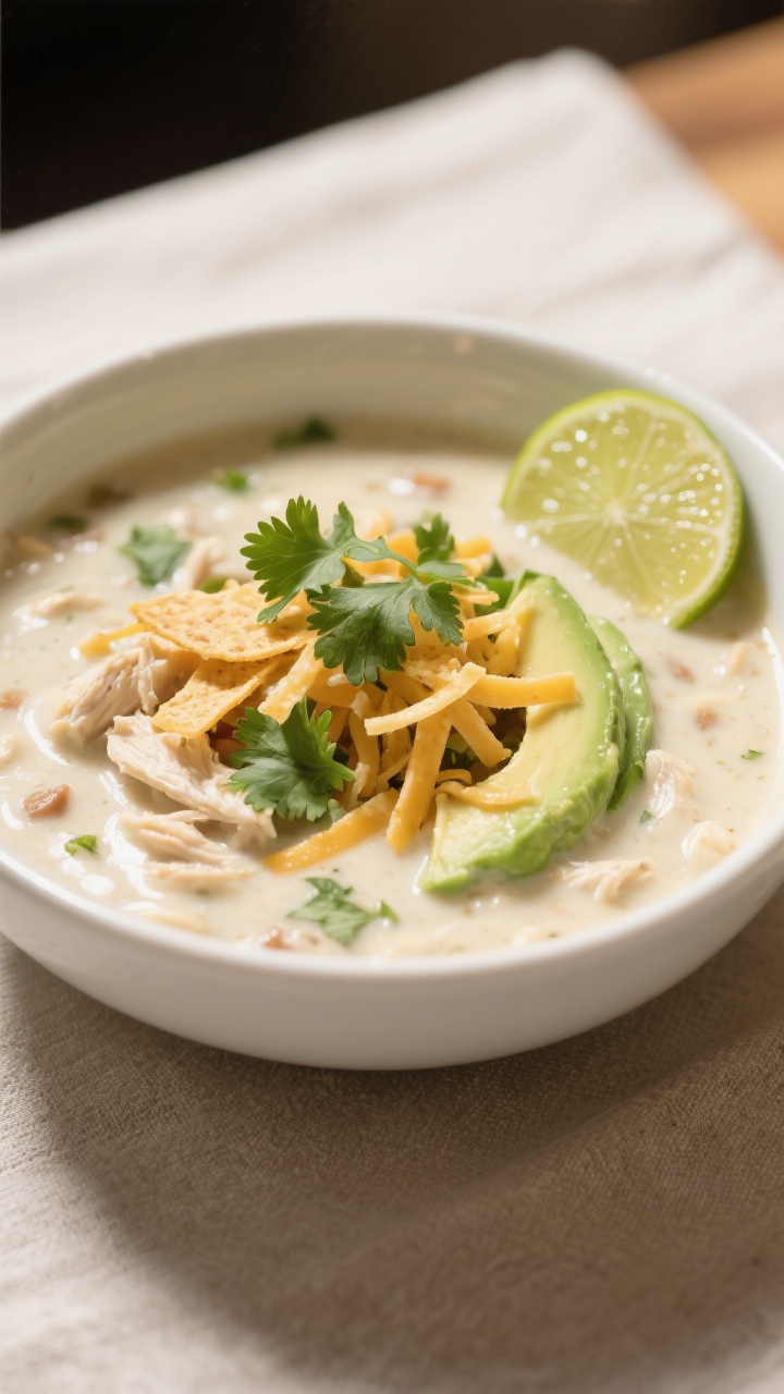 Final plated bowl: A beautifully plated bowl of creamy white chicken chili with a silky sheen, toppe