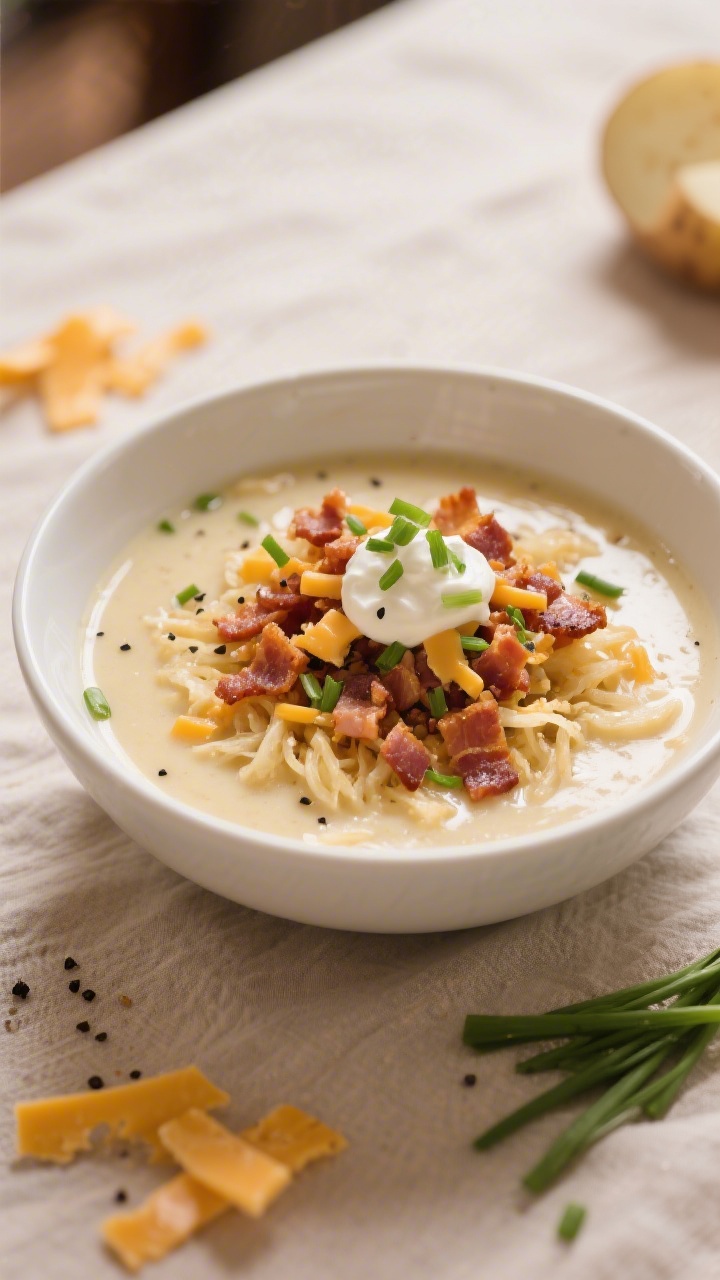 Final plated bowl, cozy restaurant-quality presentation: A deep white bowl of easy potato soup with 