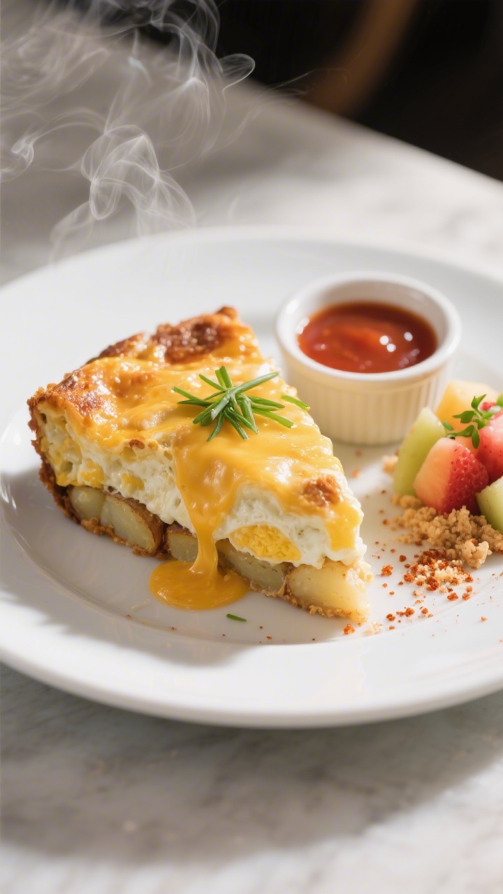 Final plated brunch presentation: a generous slice of the cheesy potato-egg casserole centered on a