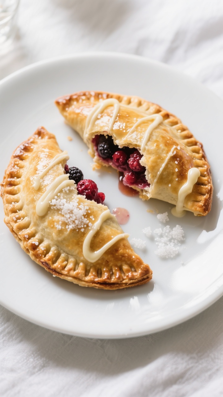 Final plated dessert: Sweet berry hand pies on a matte white plate, overhead shot. Golden-brown, cri