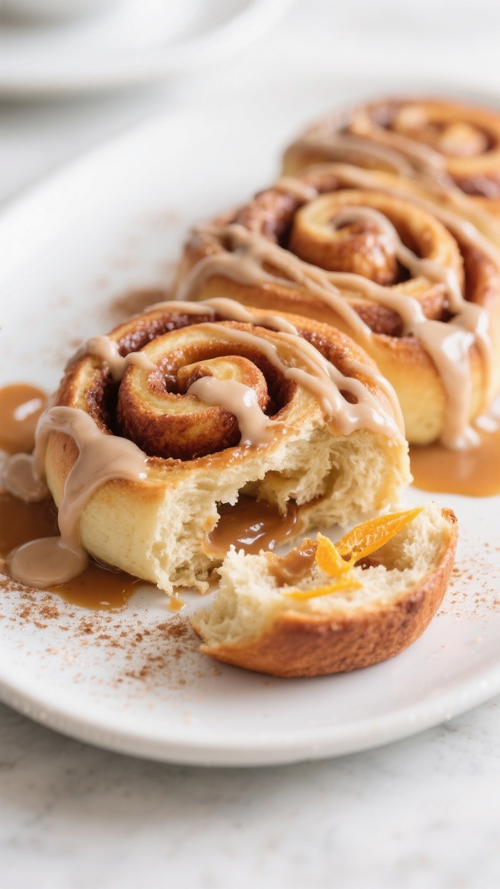 Final plated dish: Beautifully plated cinnamon rolls drizzled generously with the icing packet, silk