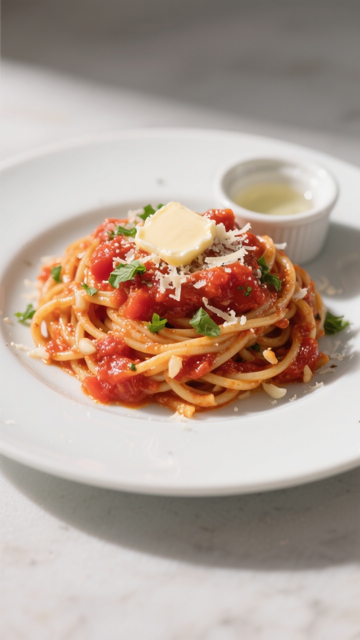 Final plated dish: Beautifully plated Quick Pasta with Tomato-Garlic Sauce twirled into a nest on a 