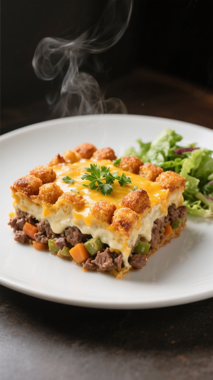 Final plated dish: Restaurant-quality presentation of a generous square of baked Beef Tater Tot Cass