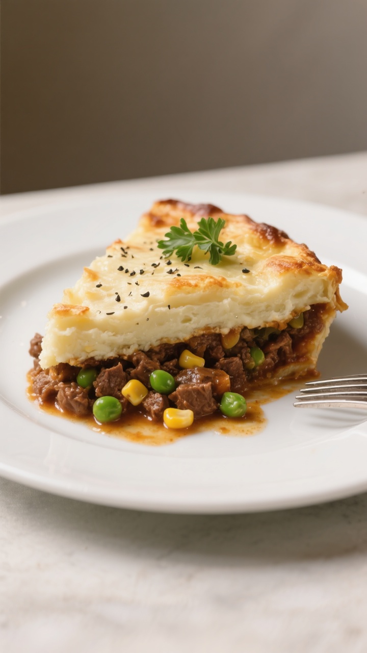 Final plated dish: Restaurant-quality slice of Cheesecake Factory–style shepherd’s pie on a whit